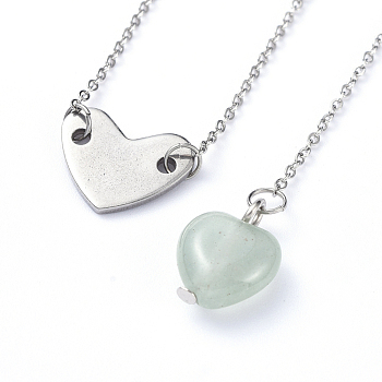 Heart Lariat Necklaces & Pendant Necklaces Sets, with Natural Green Aventurine Pendants, 304 Stainless Steel Links, Cable Chains and Clasps, Pendant Necklaces: 15.74 inch(40cm), Lariat Necklaces: 19.68 inch(50cm), 2pcs/set