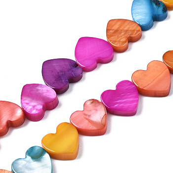 Natural Freshwater Shell Beads Strands, Dyed, Heart, Colorful, 8~9x8~9x2~3mm, Hole: 0.6mm, about 45pcs/strand, 15.24 inch(38.7cm)