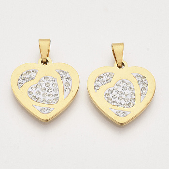 201 Stainless Steel Pendants, with Random Size Snap On Bails and Polymer Clay Crystal Rhinestones, Heart, Golden, 20x20x2.5mm, Hole: 7~10x3~5mm