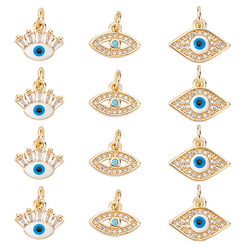 12Pcs 3 Style Brass Micro Pave Cubic Zirconia Pendants, with Jump Ring, Evil Eye, Real 18K Gold Plated, 9~10.5x12~14.5x3~3.8mm, Hole: 3~3.2mm, 4pcs/style