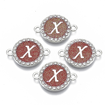 Alloy Enamel Links Connectors, with Crystal Rhinestones, Flat Round with Letter, Silver Color Plated, Letter.X, 22x16x2mm, Hole: 1.8mm