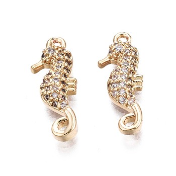 Brass Micro Pave Clear Cubic Zirconia Pendants, Sea Horse Shape, Real 18K Gold Plated, 17x6x3mm, Hole: 1mm