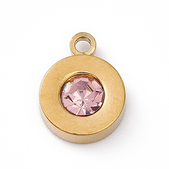 304 Stainless Steel Pendants, with Rhinestone, Flat Round, Rose, 10.5x8x3.5mm, Hole: 1.4mm
