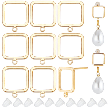 16Pcs Brass Hollow Out Square Stud Earring Findings, with Horizontal Loops, Long-Lasting Plated, Nickel Free, with 40Pcs Plastic Ear Nuts, Real 18K Gold Plated, 12x10x1mm, Hole: 1mm, Pin: 0.8mm