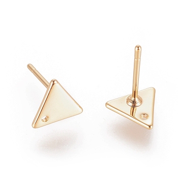 Brass Stud Earring Findings, with Hole, Triangle, Nickel Free, Real 18K Gold Plated, 7x8x1mm, Hole: 1mm, Pin: 0.7mm