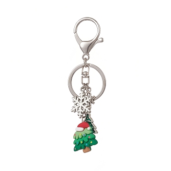 Christmas Theme Resin Keychains, with Alloy Enamel Pendants and Alloy Split Key Rings, Snowflake & Christmas Tree, Platinum, 10.2cm