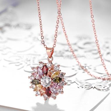 Real Rose Gold Plated Brass Cubic Zirconia Flower Pendant Necklaces(NJEW-BB04540)-4