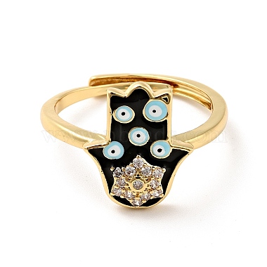 Enamel Hamsa Hand with Evil Eye Adjustable Ring with Clear Cubic Zirconia(RJEW-I087-15G)-3